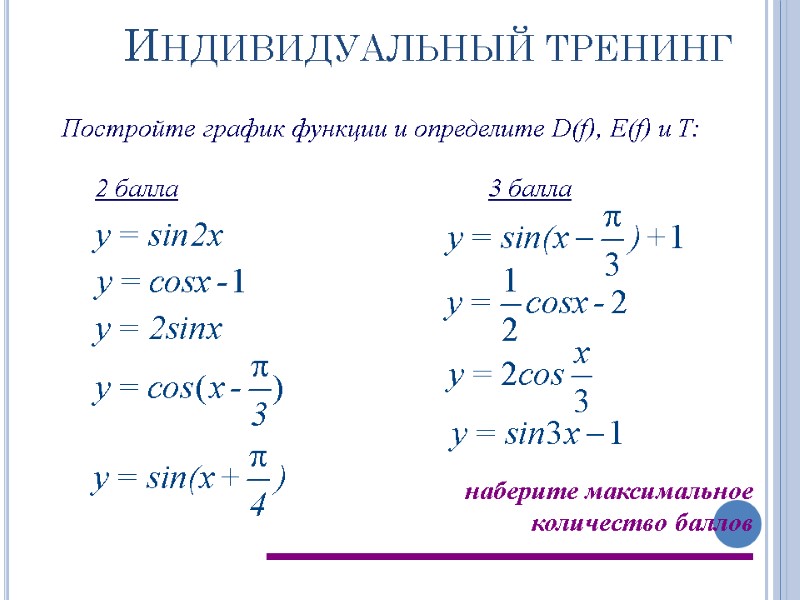 Индивидуальный тренинг Постройте график функции и определите D(f), E(f) и T: 2 балла 3